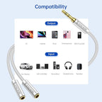 SYNCWIRE Headphone Splitter, Nylon-Braided 3.5mm Extension Cable Audio Stereo Y Splitter (Hi-Fi Sound), 3.5mm Male to 2 Ports 3.5mm Female Headset Splitter for Apple, Samsung & More (No Mic) - Silver