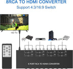 8 Port RCA to HDMI Converter 1080P/720P RCA Composite CVBS AV Switch to HDMI Converter Adapter Support 4:3/16:9 Switch, for Sega Xbox PS1 PS2 PS3 N64 NGC SNES WII VHS VCR Camera DVD(With Remote）