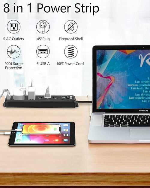 2 Pack Surge Protector Power Strip, 10FT Long Extension Cord with 5 Widely Spaced Outlets 3 USB Ports (1 USB C Port), Flat Overload Protection, 900 Joules, Wall Mount for Home Office Dorm, ETL Listed