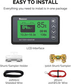 Renogy 500A Battery Monitor with Shunt, High and Low Voltage Programmable Alarm, Range 10V-120V up to 500A, 20ft Shielded Cable, Compatible 12V Lithium Sealed, Gel, Flooded Batteries,Black