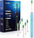 7AM2M Ultrasonic Electric Toothbrush with 6 Brush Heads for Adults&Kids, Type C Charging, One Charge for 120 Days, 5 Modes&40000VPM Powered Toothbrush, 2 Minutes Built in Smart Timer (Light Blue)