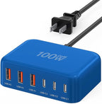 USB C Fast Charger, 100W GaN 6 Port Type C Charging Station Hub Block Cube, USB C Wall Charger Power Strip Adapter Plug for iPad iPhone 17 16 15 14 13 12 Pro Max Pixel Note Galaxy, 5ft Cord