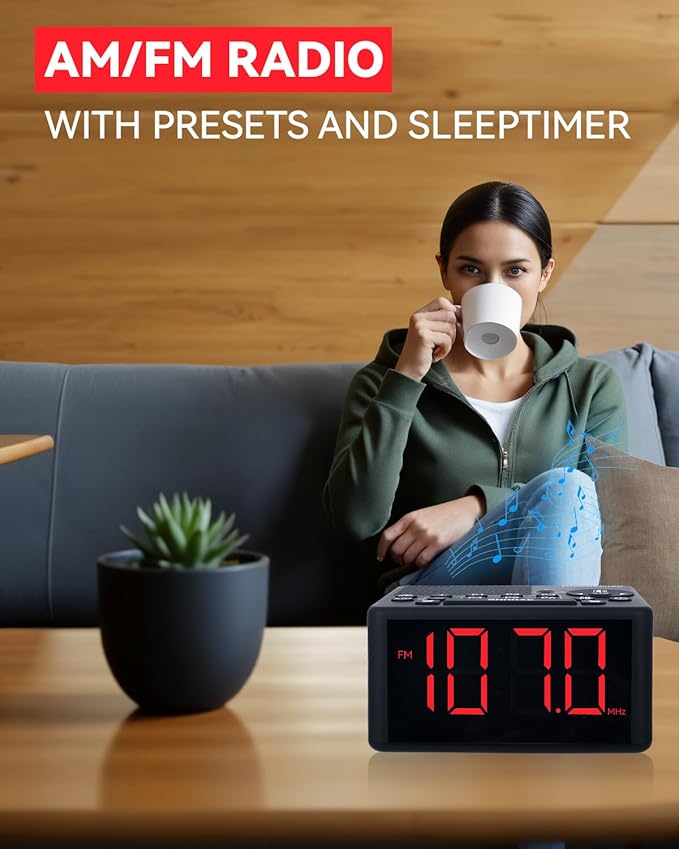 Digital Alarm Clock Radio with AM/FM Radio, Presets, Dual Alarms, Weekday / Weekend Alarm, Snooze, Sleep Timer, Dimmable Red LED Screen for Bedrooms, living rooms, kitchens, offices, etc (Red)