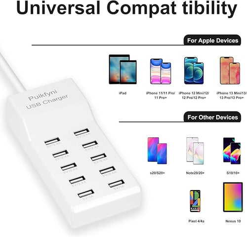 2 Pack 10-Ports USB Charger Station, Power Strips with Surge Protection，Smart USB Charger for Multiple Devices,Smart Watches ，Phones， Tablets for Home,Office,Travel(USB-A Port)