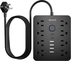 Bawmwim Surge Protector Power Strip, 8 Outlets(1250W/10A), 6 USB Charging Ports(2 USB C), 10FT Flat Plug Extension Cord Outlet Extender with Overload Protection, ETL Certified for Office, Dorm Room