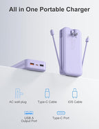 aonidi 20000mAh Ultra-Portable-Charger-Power-Bank PD20W with Built in Cables&AC Wall Plug,Fast Charging Cell Phone Charger Battery Pack,LED Display Travel Battery Bank for All iPhone,Samsung,Android