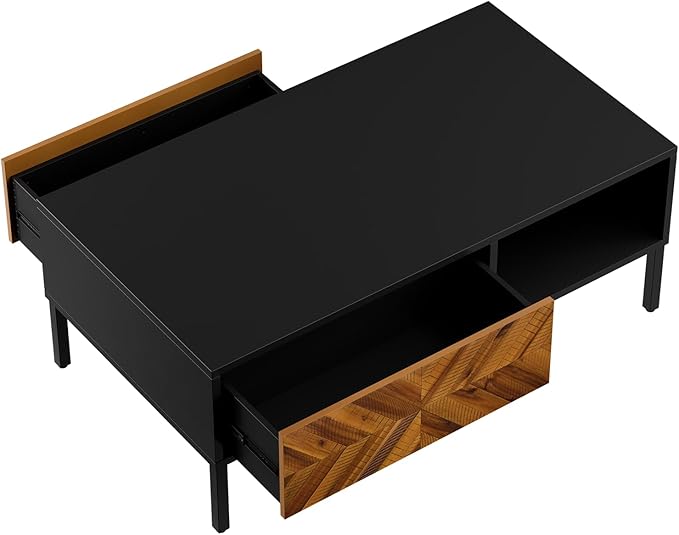 Bme Vivian Coffee Table, Solid Acacia Wood Living Room Center Table, Rustic Golden Brown Mid Century Modern Rectangular Coffee Table with Metal Legs, Sturdy Wooden Table for Home Décor