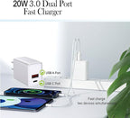 USB C Charger Block, 20W Dual Port Type C Fast Wall Charging Head, Power Adapter Cube for Apple iPhone 16, 15, 14, 13, 12, 11, X, 8, and Apple Watch9, 8, 7, iPad, White, 2 Pack