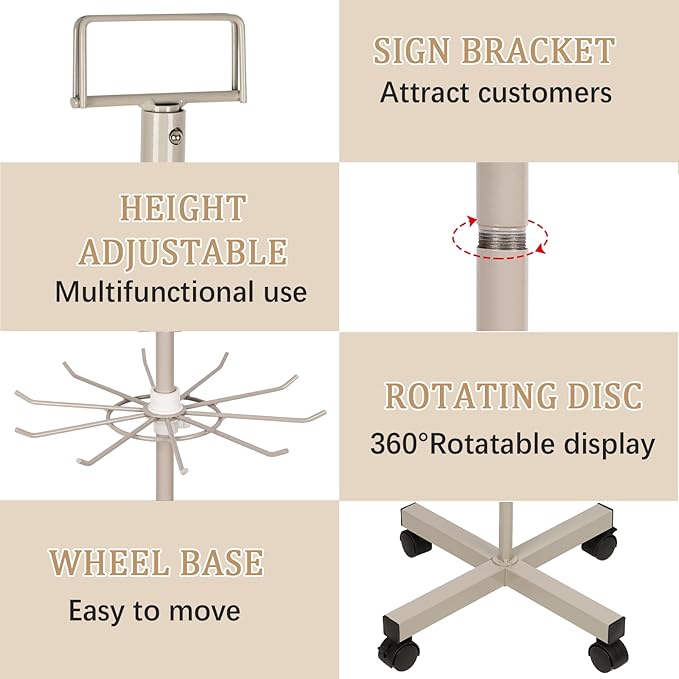 Exttlliy Retail Display Stand Store Display Rack 5 Tier Metal Spinning Display Stand Rack with Wheels Keychain Jewelry Stocking Hat Display Stand with Hooks for Malls, Showroom, Retail Store (Grey)