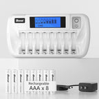 BONAI Rechargeable AAA Batteries with Charger, 8+1 Bay Battery Charger AA AAA with LCD Display for 1.2V NiMH AA AAA 9V, 1100mAh High Capacity Low Self Discharge- 8 Pack