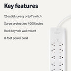 Amazon Basics Surge Protector Power Strip, 12-Outlet, 4000 Joules, 8ft Extension Cord, Rectangle, for Home, Office, Gaming Room, White
