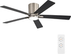 WINGBO 48" DC Flush Mount Ceiling Fan with Lights, 6-Speed Reversible DC Motor, 3CCT, Low Profile Hugger Ceiling Fan for Living Room Bedroom Kitchen, Nickel Finish and Black/Gray Blades