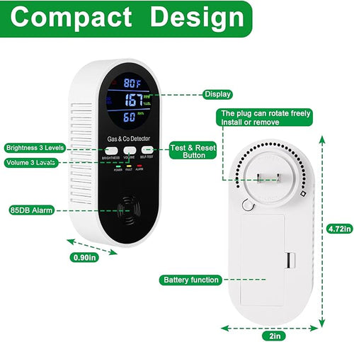 2 Pack 5-in-1 Carbon Monoxide Detector & Natural Gas Leak Alarm,AC-Plug-in CO Alarm & Explosive Gas Detector Battery Backup with 4 sensors,Three Levels Volume & Brightness for Home,RV,Hotel