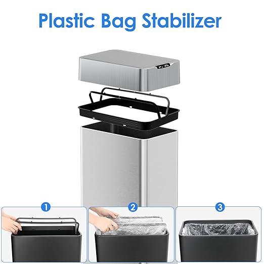 TLSUNNY 18.5 Gallon Automatic Trash Can, Stainless Steel Motion Sensor Garbage bin, Smart Trash Can W/Butterfly Lid, Bag Retainer Ring and Display Light for Living Room,Kitchen,Office (Silver, 70L)