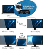OREI SplitExtend HDMI Splitter Extended Display for Dual Monitor - Multi-Monitor Display 3 Separate Screens - USB A & USB-C Adapter to HDMI 2.0, 4K@30Hz Output 1, 1080p Output 2 for Windows, Mac OS G