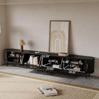 POVISON Sliding Tambour Door TV Stand with LED Lights, Mid Century Modern TV Console, Wood Media Console, Entertainment Center with Storage Cabinet, Fully-Assembled (Black, 118.11")