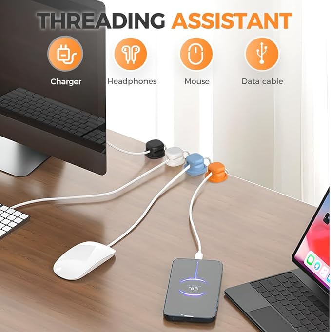 Magnetic Cord Organizer Holder, Upgrade Cord Holder for Nightstand, Adhesive Wire Cable Clips Management Kit for Phone Charger, Computer, Home, Office, Desk, Nightstand (White, 12 Packs)