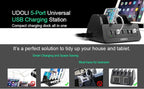 UDOLI 5 USB Ports Charging Station Organizer for Multiple Devices Fast Charging Desktop Stand for Apple Android Phone Tablet 1600W 2 AC Power Outlets Charger Dock for Home Office 3 Prong Cord Black