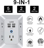Multi Plug Outlet Surge Protector, Lvetek Outlet Extender with 5 Outlet and 4 USB Ports(2 USB C), 3-Sided Multiple-Plug Outlet Splitter Wall Charger for Home Travel Office,ETL Listed,Grey