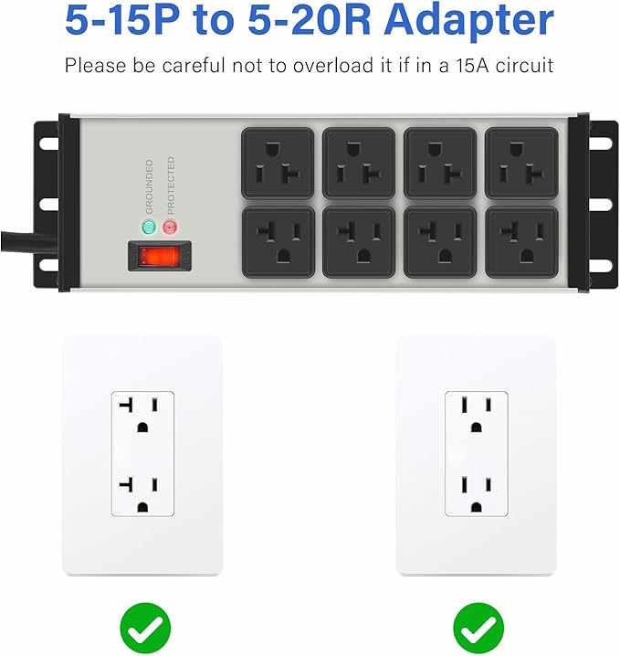 CCCEI Magnetic Heavy Duty Power Strip Surge Protector 20Amp, 12 Gauge High Amp Extension Outlets, Garage Wall Mount 8 Plug Metal Power Strip. 15FT, Grey, 5-15P Adapter 6-20R T-Slot 20a for Appliance