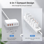 USB C Charger Block, 100W GaN 6 Port PD USB C QC USB A Wall Charger Adapter Plug Cube, Super Fast Type C Charging Station Hub for iPhone 17 16 15 14 13 Pro Max iPad Samsung Pixel 5ft Extension Cord