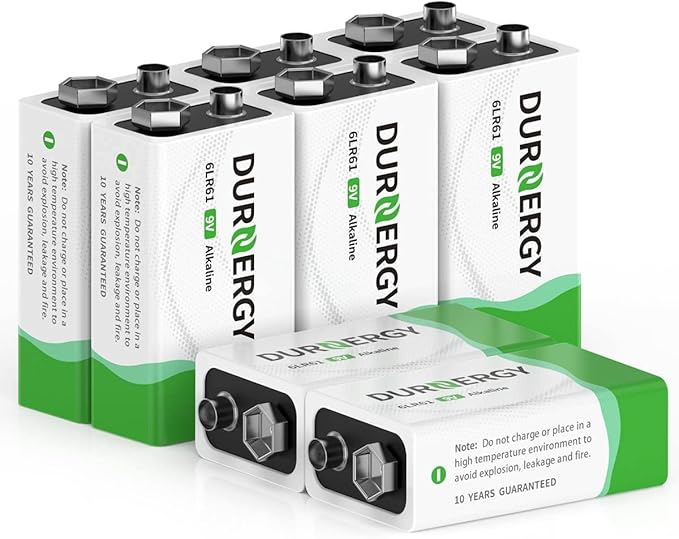 DURNERGY 9V Batteries, 9 Volt Batteries 8 Pack,10-Year Shelf Life, 9V Batteries for Smoke Alarms, Guitar Pedals, Microphone, Smoke Detector Battery, Square Batteries 6LR61 9V Alkaline Batteries