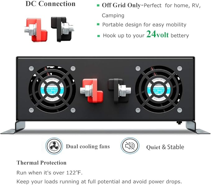 WZRELB 3500W 24VDC 120VAC Pure Sine Wave Power Inverter, 2 AC Outlets, Wired Remote Control, RV (RBP-350024WR)