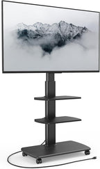 FITUEYES Rolling TV Stand with Power Outlets, Swivel Portable TV Stand for 32-70 Inch LCD LED OLED Flat/Curved Panel Screen TVs, Height Adjustable&Wood Base, Mobile TV Cart with 2 Shelves, Black