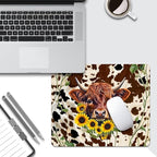 Western Highland Cow Sunflowers and Cowhide Brown Square Mouse pad, Texture, Waterproof, Anti Slip Rubber Base, Computer Mouse pad