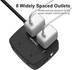 10 Ft Surge Protector Power Strip - 8 Widely Outlets with 4 USB Ports, 3 Side Outlet Extender with 10 Feet Extension Cord, Flat Plug, Wall Mount, Desk USB Charging Station, ETL, Black