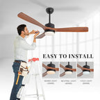revoici 52 Inch Solid Wood Ceiling Fans With Lights, Low Profile Ceiling Fan with Light and Remote, Reversible DC Motor, Indoor Outdoor 3 Blade Ceiling Fan Light for Bedroom Living room Farmhouse