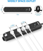 2 Pack Surge Protector Power Strip, 10FT Long Extension Cord with 5 Widely Spaced Outlets 3 USB Ports (1 USB C Port), Flat Overload Protection, 900 Joules, Wall Mount for Home Office Dorm, ETL Listed