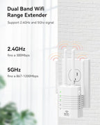 WiFi Signal Booster with 4 Directional Antennas – 1200Mbps Dual Band (5GHz/2.4GHz),WiFi Extender Covers 12,880 Sq.ft, Easy Home Setup and 105-Device Support