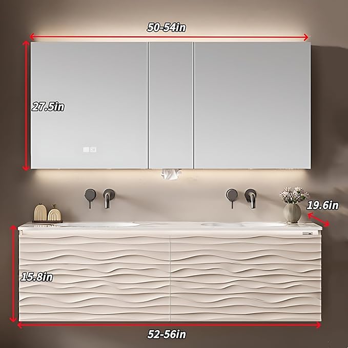 56IN Bathroom Vanity - Smart Defogging Mirror Cabinet | Waterproofing Technology & Wave Shaped Door Panel, Floating Bathroom Vanities with Large Storage Space (Mirror Cabinet)