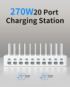 270W Charging Station for Multiple Devices, 20-Port USB Fast Charging Station with Adjustable Dividers & 10 Cables, Multi Device Organizer Charging Dock for iPhone, iPad, Tablets & More