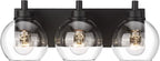 METWET Bathroom Light Fixtures, 3-Light Matte Black Vanity Light, Modern Wall Sconces with Clear Glass Globe Shade, Bathroom Wall Lights for Mirror Kitchen Bedroom Hallway, VL195-MB-3