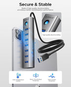 ORICO 7-Port USB 3.0 Hub, Aluminum USB Multiple Adapter, 5Gbps USB Extender USB Splitter with 3.28Ft Cable, UBS-A Hub Long Cable for Desktop, PC, Flash Drive, Mobile HDD, Windows/XPS