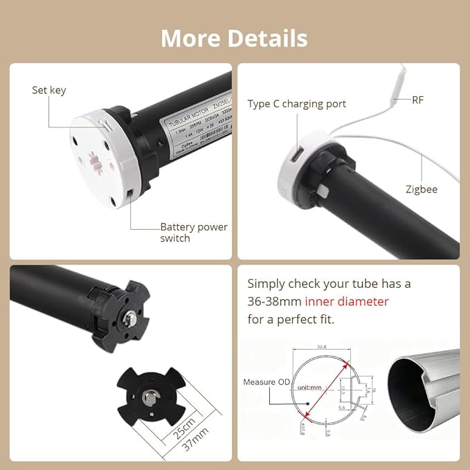 Blindsmart Rechargeable Tuya Zigbee Roller Blinds Motor for 38mm Tube, Motorized Window Shades Automatic Blinds Curtain Opener APP Control, Zigbee Hub Required (with 1-Channel Remote)