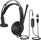 NUROUM HP11SU USB Headset with Microphone for PC, Single-Ear Headphones with ENC Boom Mic, Wired Computer Headset with Inline Control, USB A/Type-C/3.5mm for Work/Home Office/Call Center Zoom/Teams