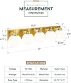 METWET Bathroom Light Fixtures, 5-Light Brushed Gold Bathroom Vanity Lights Over Mirror with Globe Milk White Glass Shade, 32 Inch Modern Vanity Lighting Fixtures, VL195-BG-ML-5