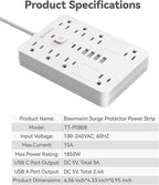 Bawmwim Surge Protector Power Strip - 8 Outlets(1850W/15A) with 6 USB Ports（2 USB C, 6FT Flat Plug Extension Cord, Wall Mount Multi Plug Outlet Extender, ETL Listed for Home, Dorm Room, White