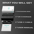 Dlyfull 8 Bay AA AAA Battery Charger with USB-C High-Speed Charging, Independent Slot for 1.2V Ni-MH Ni-CD Rechargeable Batteries, Cable Included
