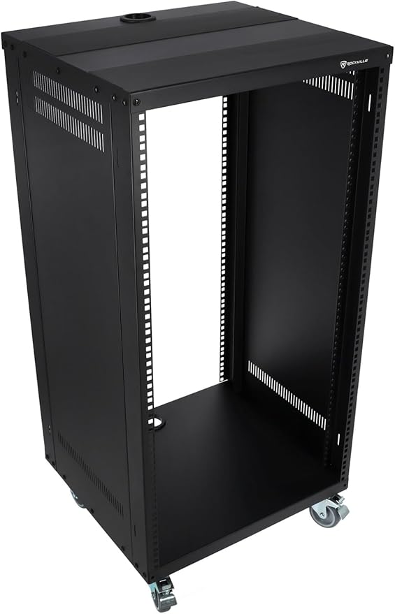 Rockville RR20U 20U Live Sound/Recording Studio Rack Case with Wheels, Reversible Rack Rails, Front & Rear Mounting, Cable Management Ports, 440lb Capacity