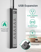 2 Pack Surge Protector Power Strip with 6 Outlets 4 USB Ports (2 USB C) 5-Foot Extension Cord Flat Plug 900 Joules 15A Circuit Breaker Wall Mount Desk USB Charging Station for Home Office