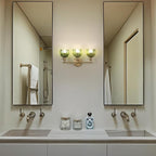 Shenmoyl Battery Operated Bathroom Light Fixtures, 3-Light Brass Vanity Wall Light with 5000mAh Rechargeable Bulb Over Mirror with Green Tulip Glass Shade for Bedroom Living Room