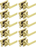 Mengico 10 Pack Passage Door Levers Gold Finish, No-Locking Keyless Square Door Knob, Interior Door Handles for Closet and Hallway, Reversible for Left & Right Handed