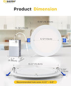 Ensenior 12 Pack 6 Inch Ultra-Thin LED Recessed Light with Junction Box, 2700K-6000K Selectable, 12W 110W Eqv, Dimmable, 1050LM High Brightness - ETL Certified
