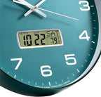 TIMESS Wall Clock, 13" Dial Non-Ticking Silent Battery Operated Analog with LCD Display for Perpetual Calendar and F° Temperature, Ideal Modern Home, Office Decor (Green)