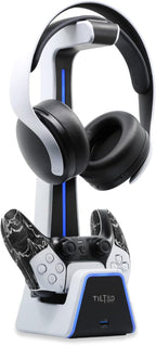 Tilted Nation Gaming Headset and Controller Stand | Premium PS5 Accessories (Clean Space with Charging Station) Headphone and Controller Holder for Desk, PlayStation 5, Xbox Game,