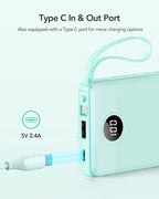 VRURC Portable Charger for iPhone, 22.5W Fast Charging Power Bank 10000mAh, USB C Battery Pack 4 Outputs 3 Inputs, Slim Phone Charger with Cables for iPhone 17 16 15 14 13,Samsung Galaxy-Green(1 Pack)